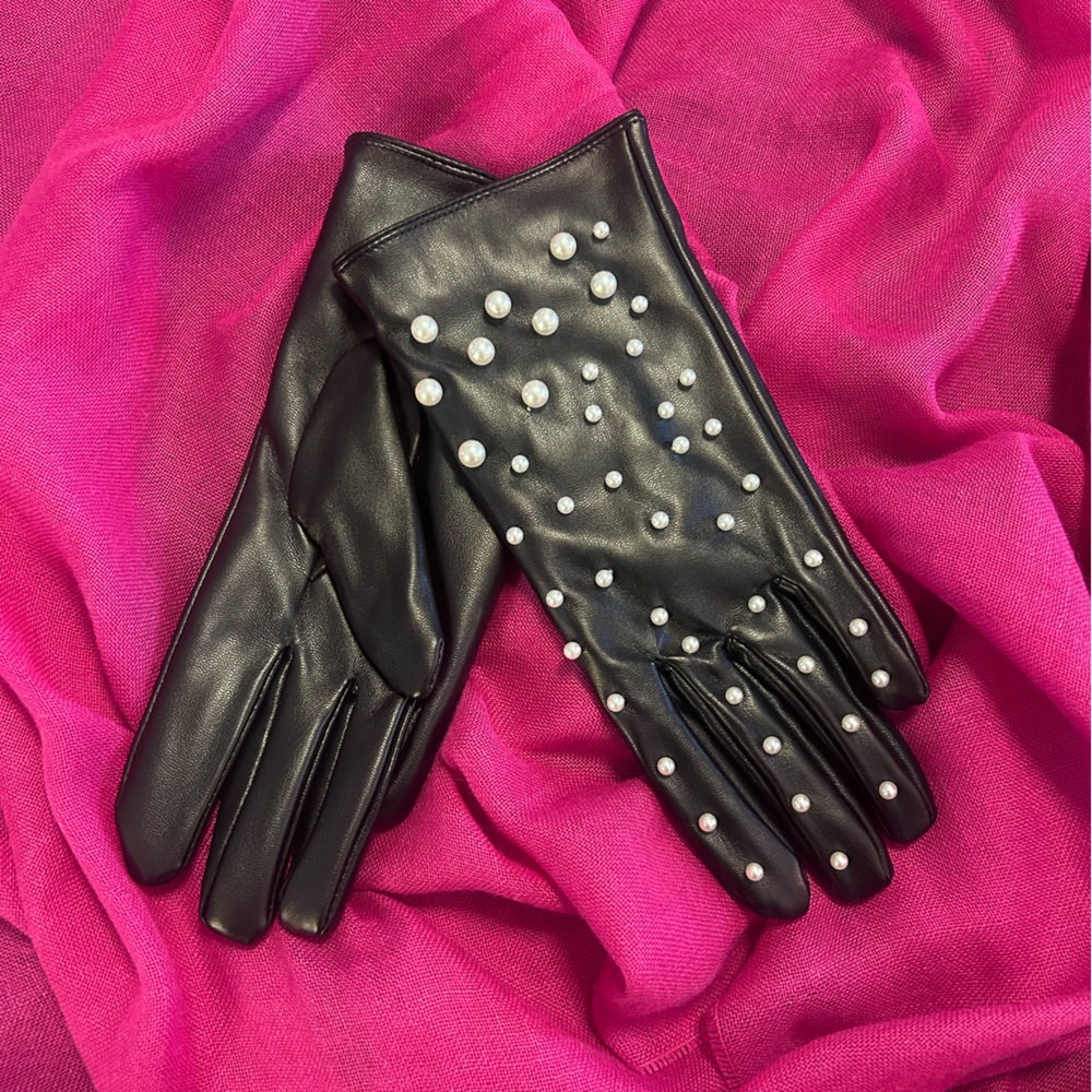 Elegant Black  Faux Leather Gloves with Pearl Detailing